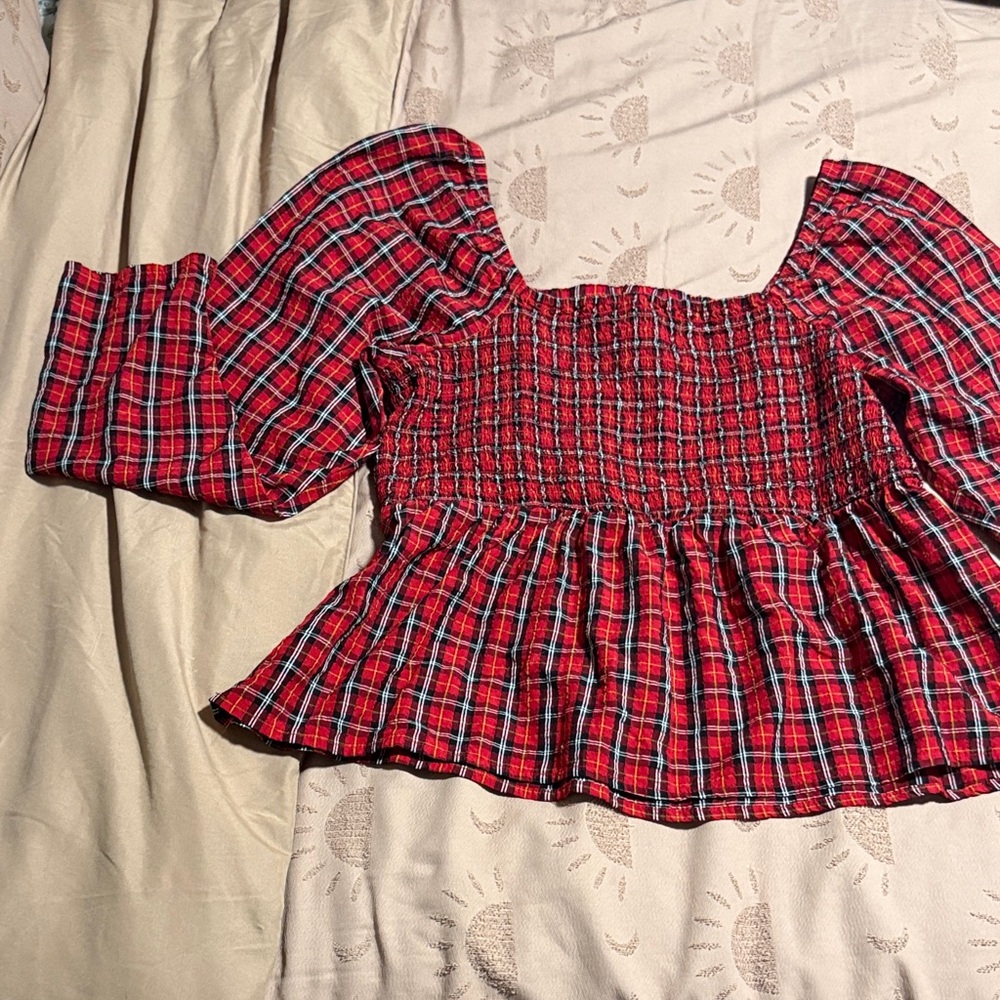 Old Navy Red Plaid Smocked Blouse